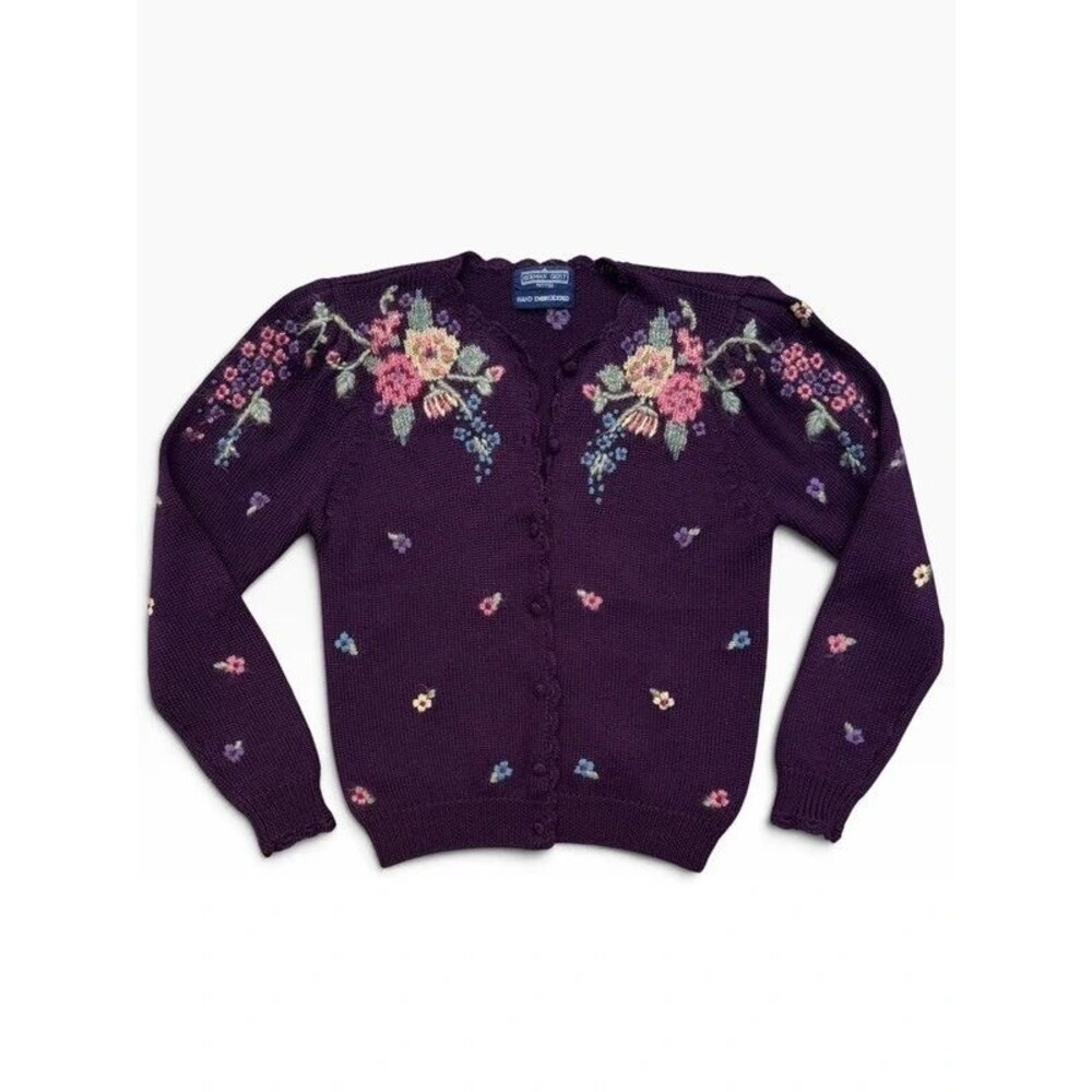 Cottagecore Grannycore Floral Herman Geist Petites Hand Embroidered Cardigan - S